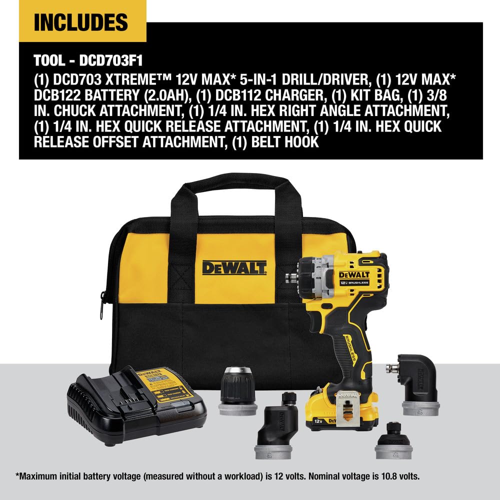 DEWALT 12V MAX* XTREME Kit de taladro/destornillador 5 en 1 sin escobillas, múltiples cabezales de cambio rápido, transmisión de 2 velocidades (DCD703F1)