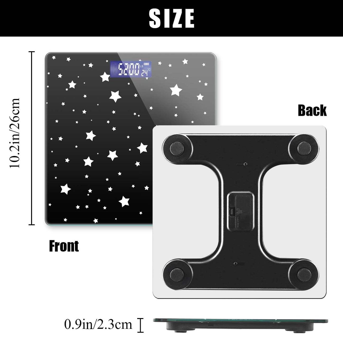 Báscula digital de baño para peso corporal de 400 libras, báscula digital personalizada con pantalla retroiluminada, fácil de leer (batería no incluida), estrellas en blanco y negro