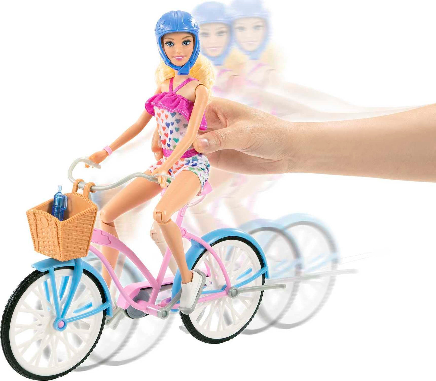 Barbie, Set de Juego, Bicicleta con Muñeca, para Niñas de 3 Años en Adelante, Mattel, Diseño Rosa y Azul, Canasta de Dulces, Caderas, Brazos y Rodillas se doblan