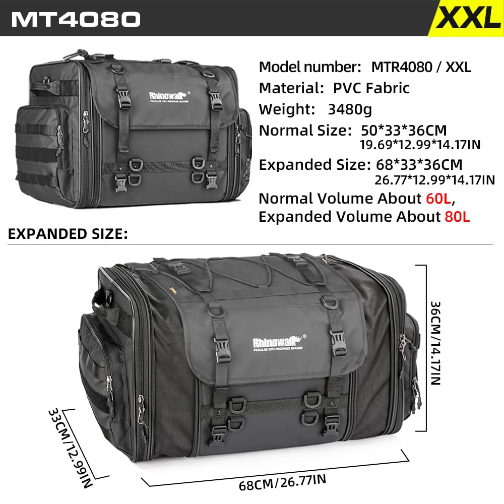 Alforja para Motocicleta Rhinowalk Negra Expandible 60-80L Impermeable