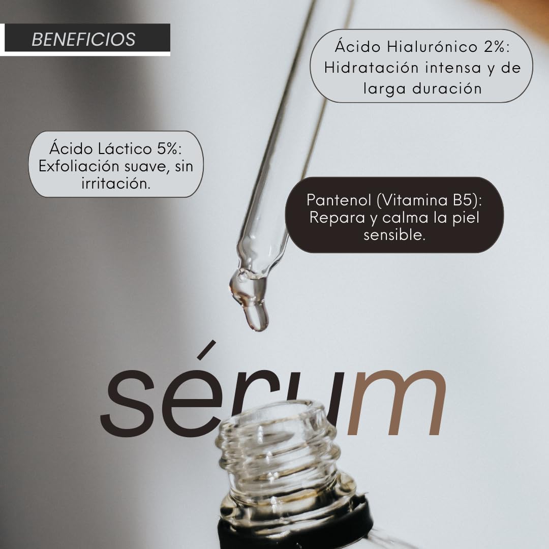 Sérum Facial con Ácido Hialurónico 2%, Ácido Láctico 5% y Vitamina B5 - Hidratación Profunda y Renovación de la Piel