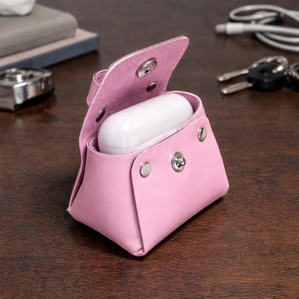 Ayaz Deri Mini estuche de piel auténtica – Compatible con AirPods – Monedero y compartimento para accesorios – Monedero artesanal ideal para regalar (Rosa)