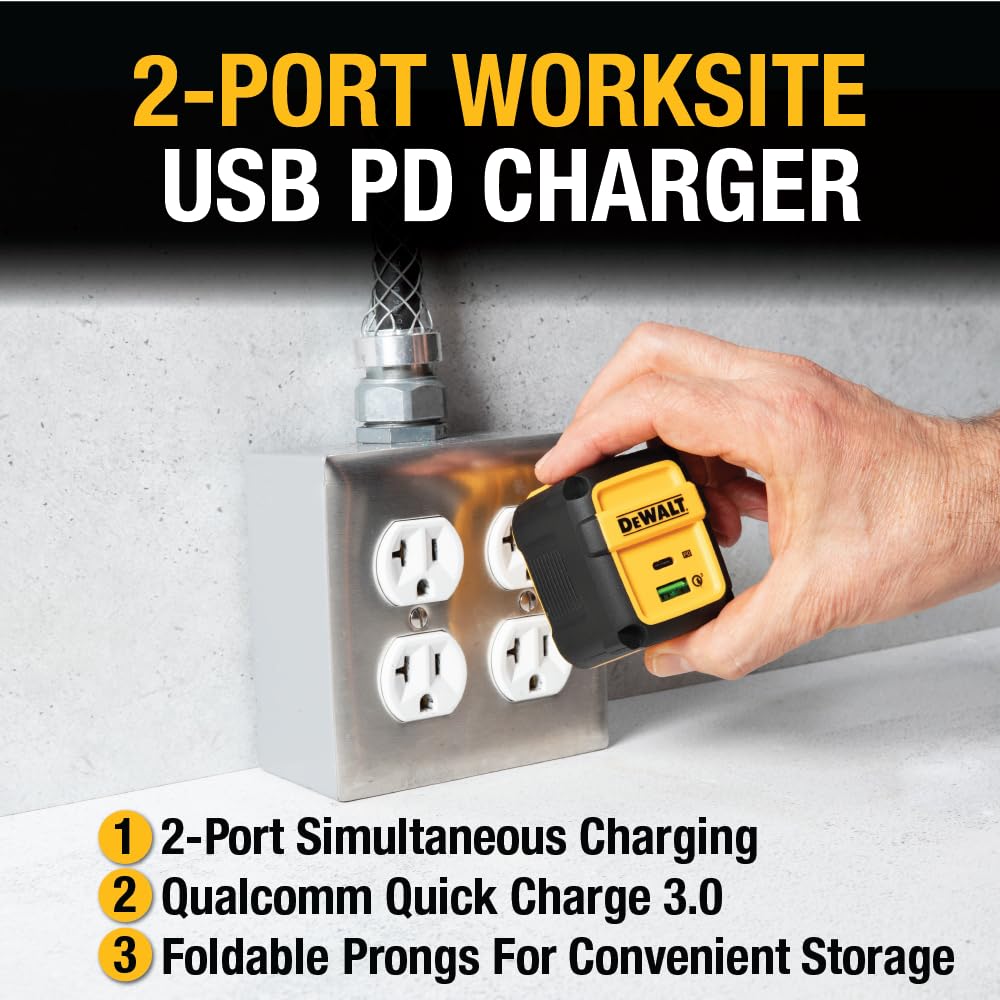 DEWALT 49.5W USB & USB C Charger (Cable Not Included), 2 Port Compact Foldable Fast Charger for iPhone 15/14, Galaxy, Pixel 4/3, iPad - Black & Yellow