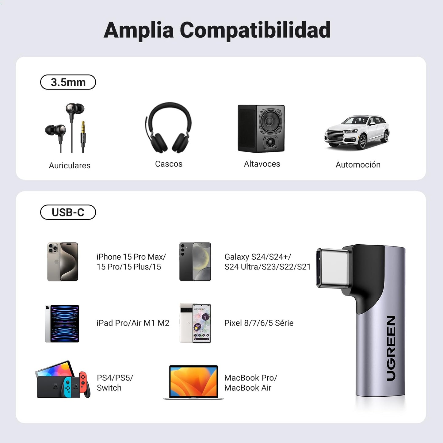 Adaptador USB C UGREEN Gris con Chip DAC y Ángulo de 90 Grados para Auriculares