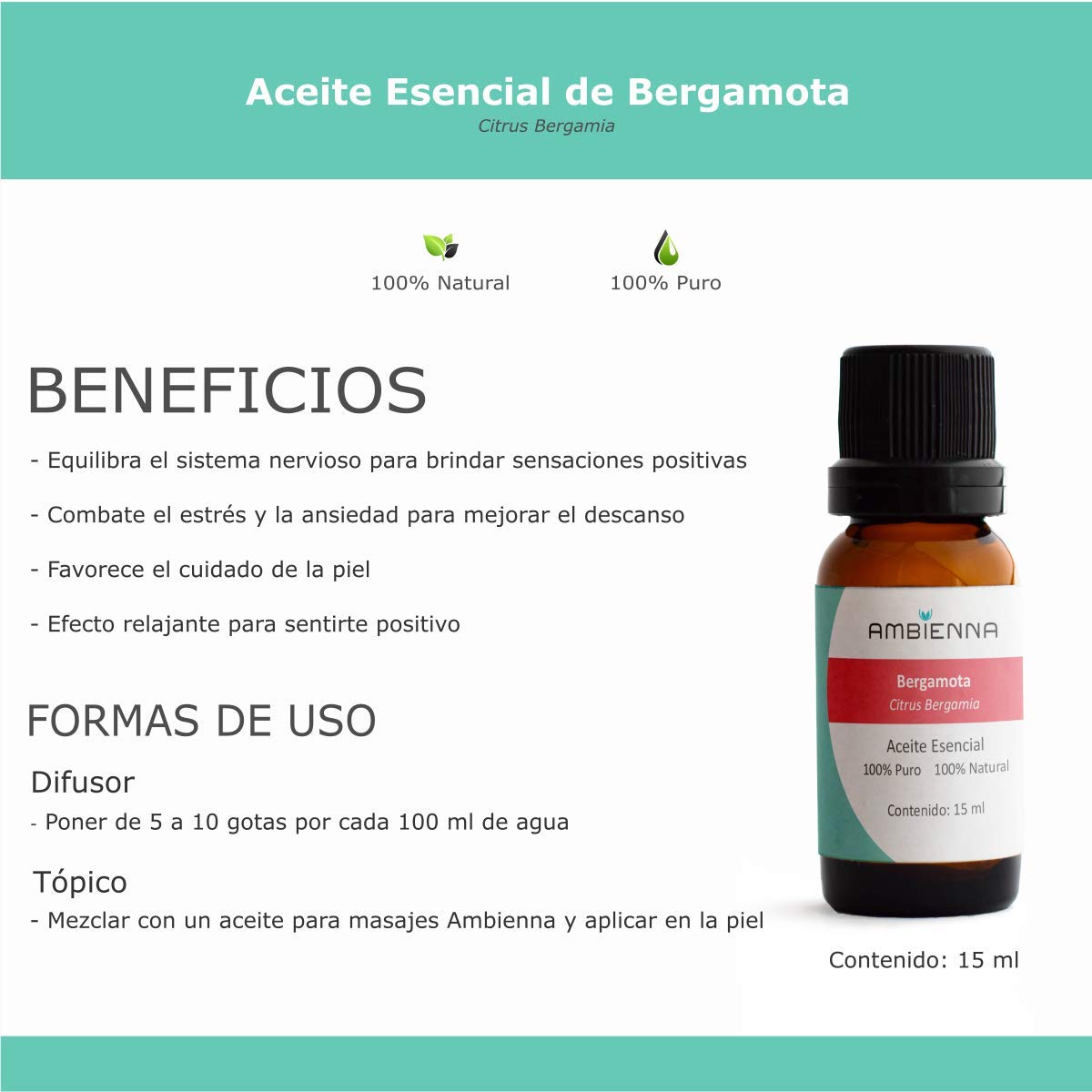 Aceite Esencial AMBIENNA Bergamota 100% Natural y Puro para Difusor o Uso en Spa
