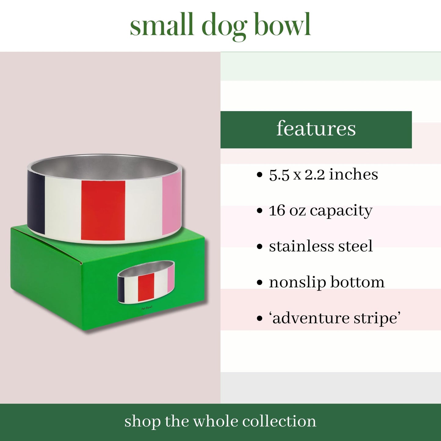 Kate Spade New York Dog Dish for Food and Water, Stainless Steel Bowl with Non-Slip Base, 2 Cup (16oz) Capacity, Small Pet Food Bowl or Water Dish for Dogs, Adventure Stripe