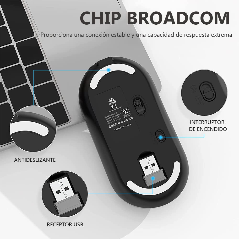 Free wolf X1 Mouse Inalámbrico con Pantalla de Batería, Wireless óptico Recargable 2.4 G Ergonómico Silencioso Click 800/1200/1600 Ajustable dpi Ratón para Computadora,Portátil,PC,Mac (Negro)