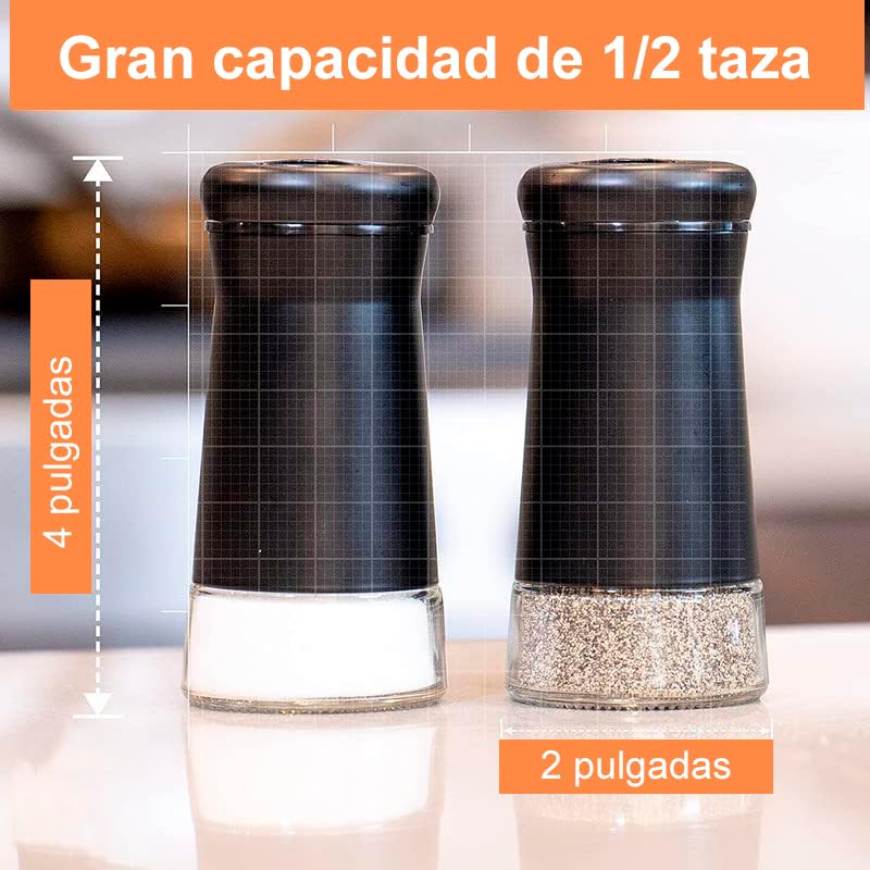 Juego de Saleros y Pimenteros de Vidrio U Chef Negro con Agujeros Ajustables y Acero Inoxidable para Sal de Mar