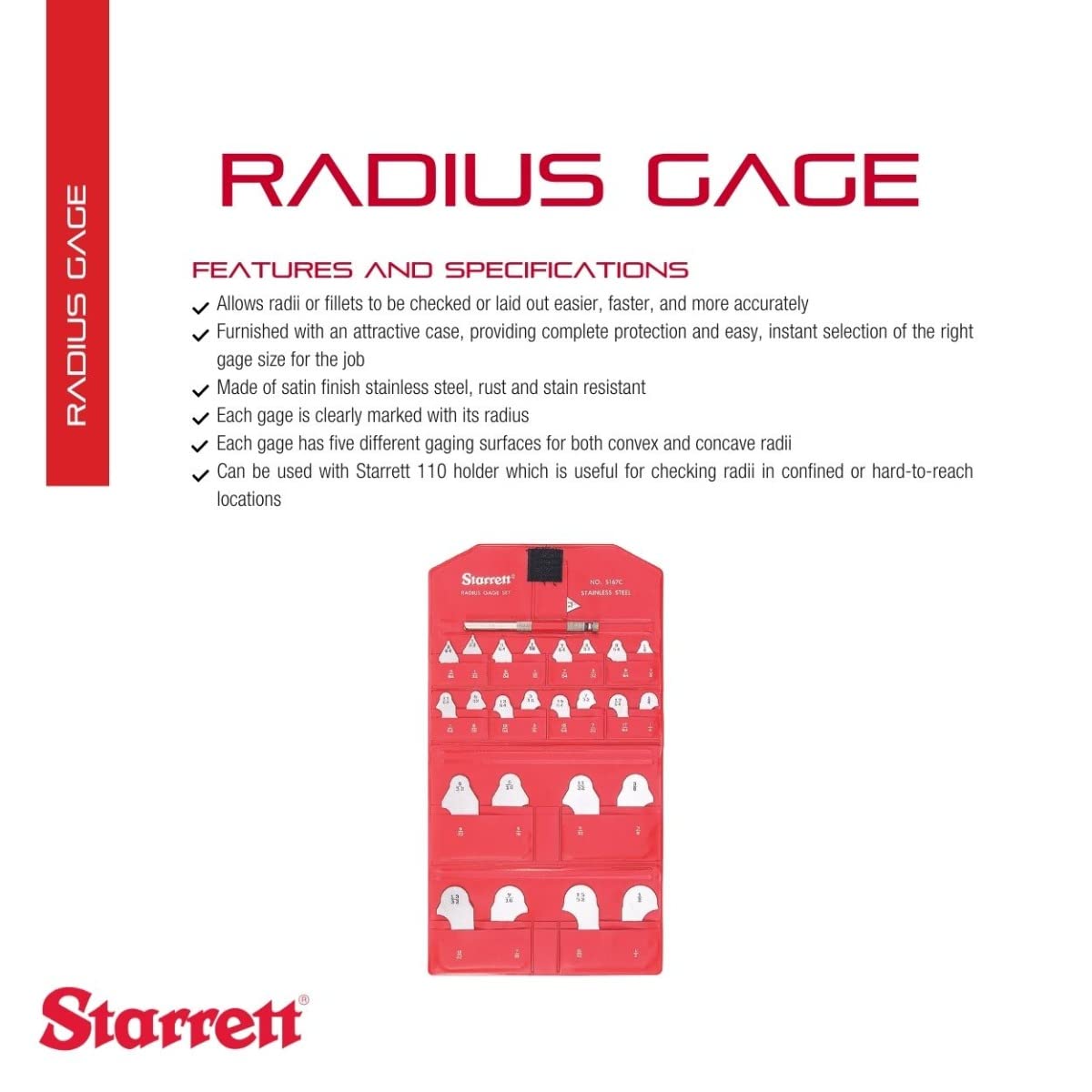 Starrett - Juego de calibradores de radio incluye 167AH y S167B con soporte 110 para radios convexos y cóncavos - Acero inoxidable, 25 calibradores, 1/64-17/64 pulgadas; 9/32-1/2 pulgadas - S167CHZ