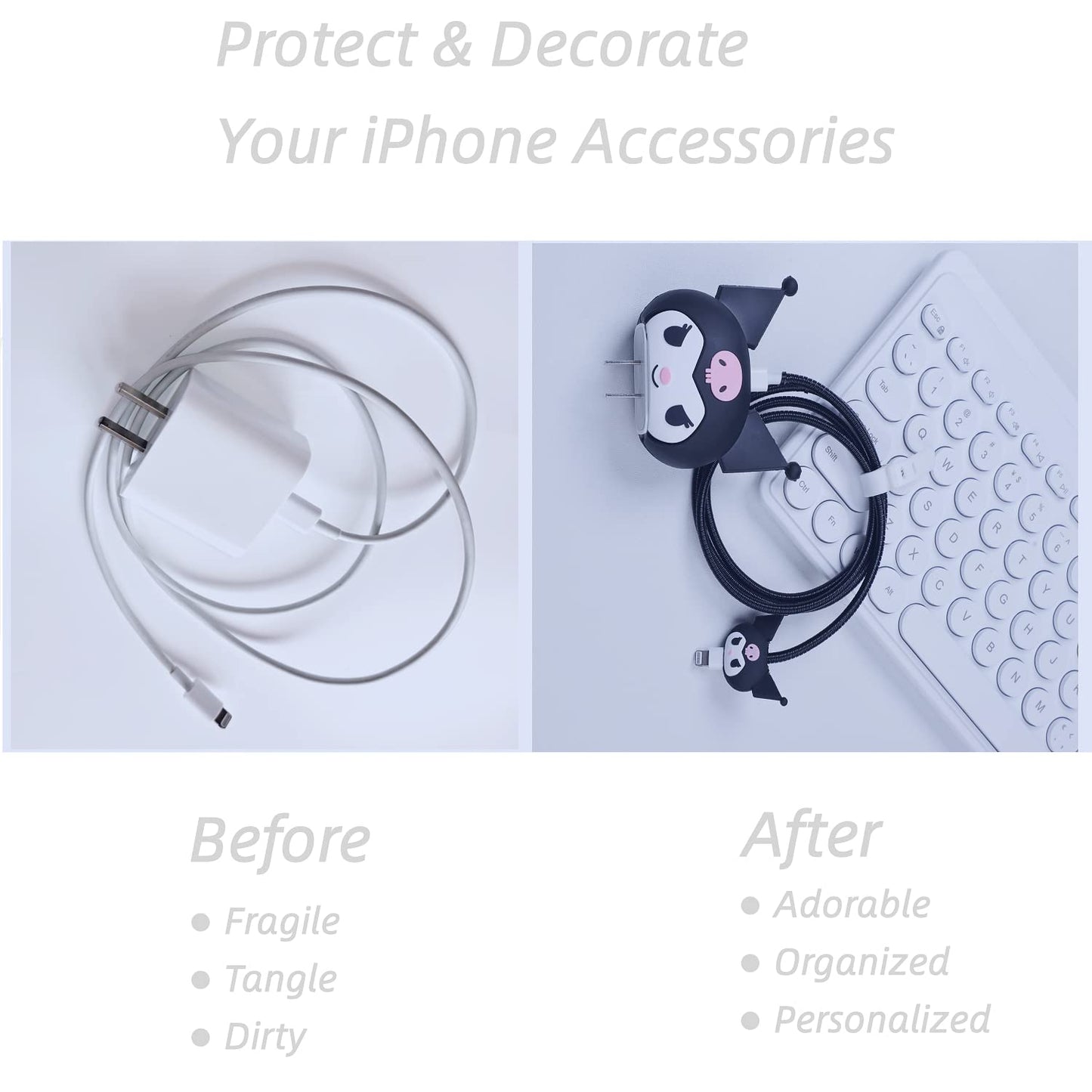 Tospania - Bonita funda protectora 3D para cargador con diseño de caricaturas, compatible con adaptador de corriente USB-C de 20 W de Apple y cable Lightning (Kuro negro)