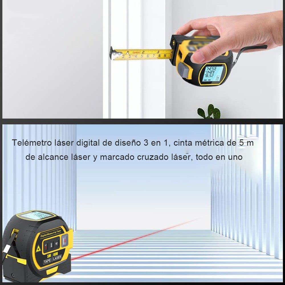 Linmeng Cinta Métrica Láser Telémetro Láser 3 En 1, Regla de Cinta Métrica de 5M, Pantalla LCD con Retroiluminación, Medidor de Distancia, Dispositivo de Medición de Edificios, Volumen de Área(40 m)