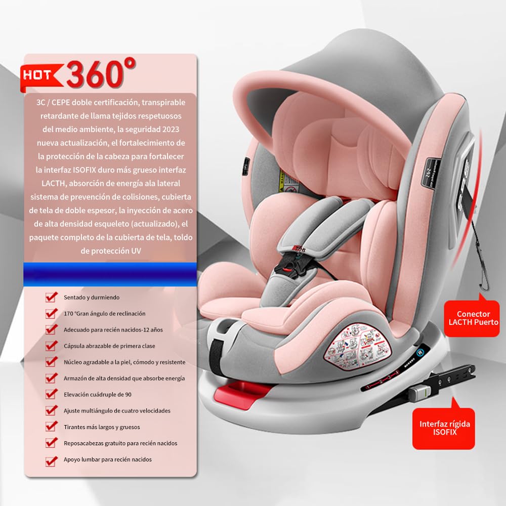 FINYQBET Autoasientos para Bebé, Asiento para Bebé Carro 3 en 1,Crecimiento Sostenible, Seguro y con Rotación 360°,Arnés de Cinco Puntos y Protección Biónica rosa