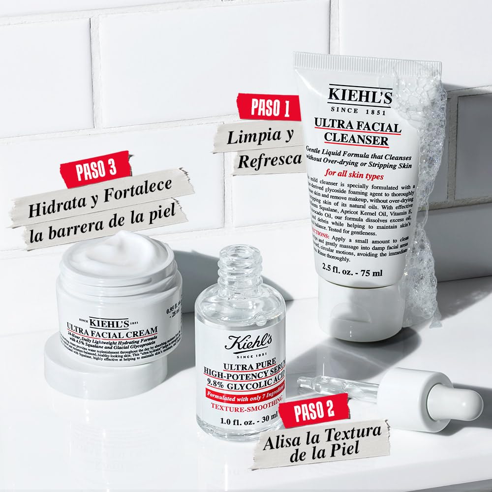 Kiehl's Smooth-It-Up SET, Ultra Pure High-Potency Serum 30 ml + Ultra Facial Cream 28 ml + Ultra Facial Cleanser 75 ml, Fortalece, Limpia, Alisa y Refresca la Piel