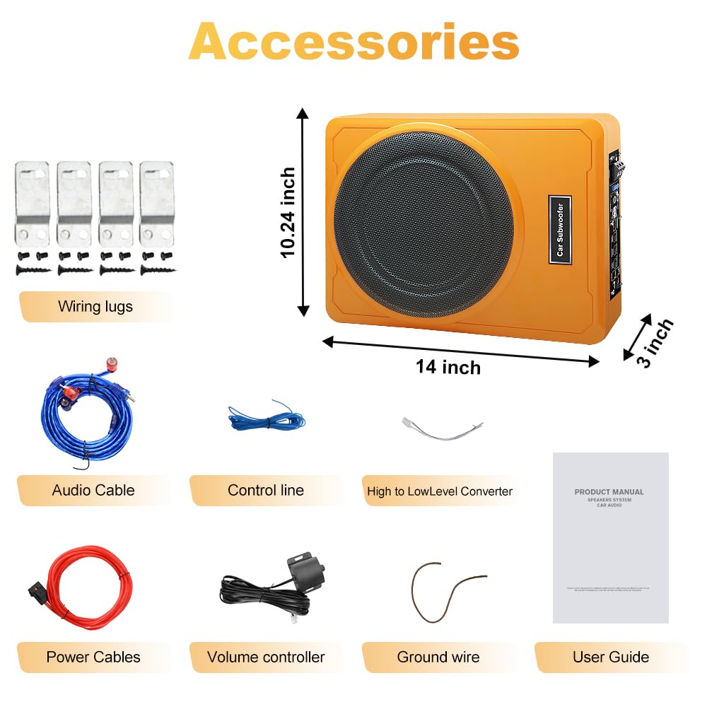 litillbuly Subwoofer de 10 pulgadas 1200 W naranja para coche, subwoofer delgado para debajo del asiento, entrada de nivel alto/bajo, subwoofer de audio para coche/camión, subwoofer incorporado