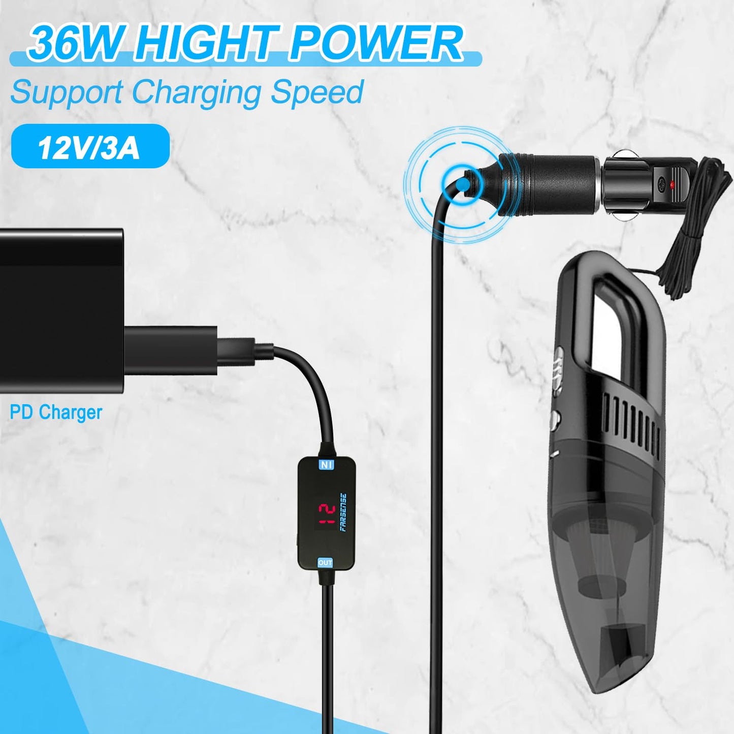 FARSENSE - Adaptador de encendedor de cigarrillos USB A a 12 V (36 W)-USB C macho a encendedor de cigarrillos hembra (2 pies) con voltaje de conmutación y voltaje de visualización, para cámara de