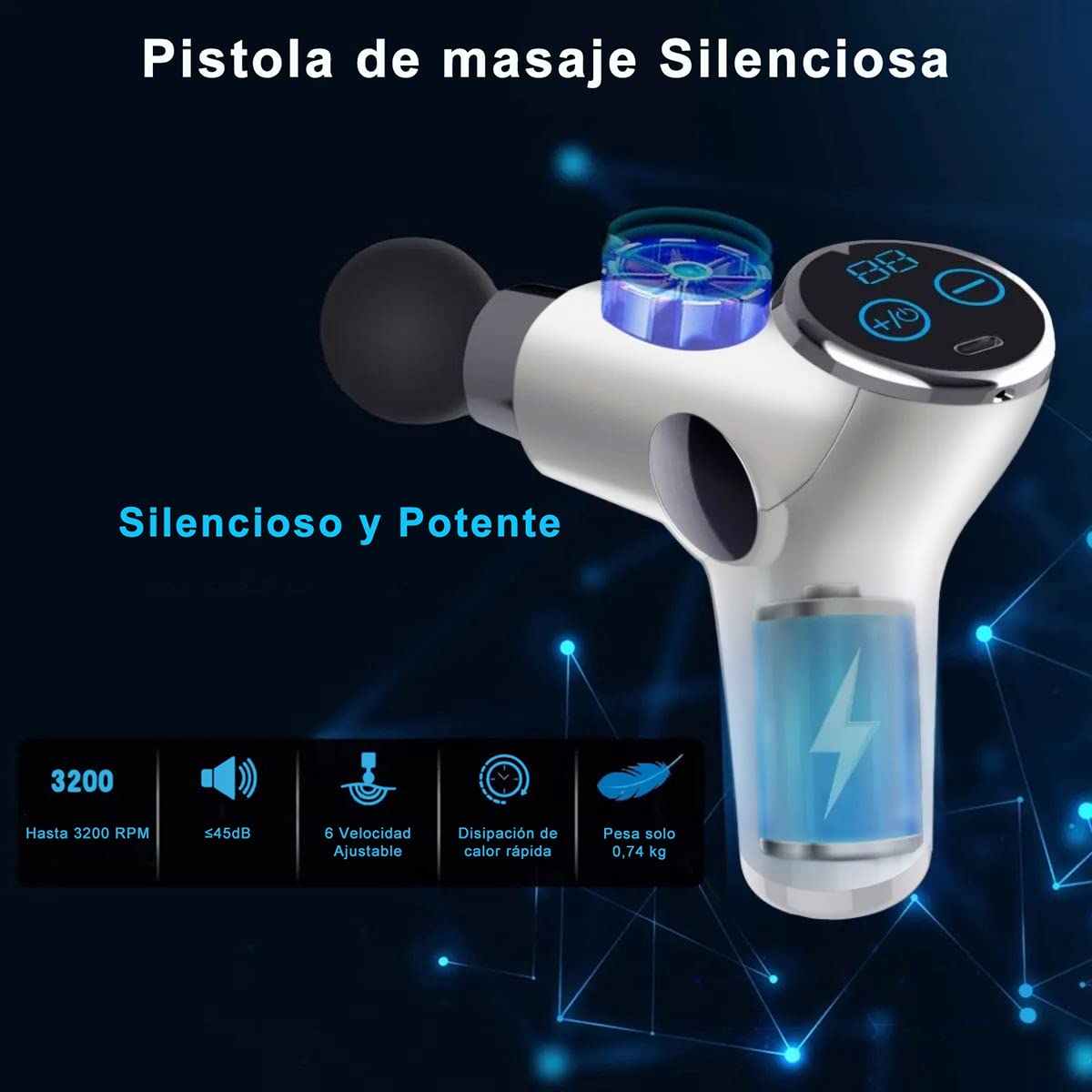 Pistola de Masaje con 32 Niveles Ajustables, 8 Cabezales de Pistola Masaje Muscular, USB Recargable, Ultra Silenciosos y Pantalla Táctil LCD Pistola Masajeadora para aliviar el Dolor y la rigidez de los músculos