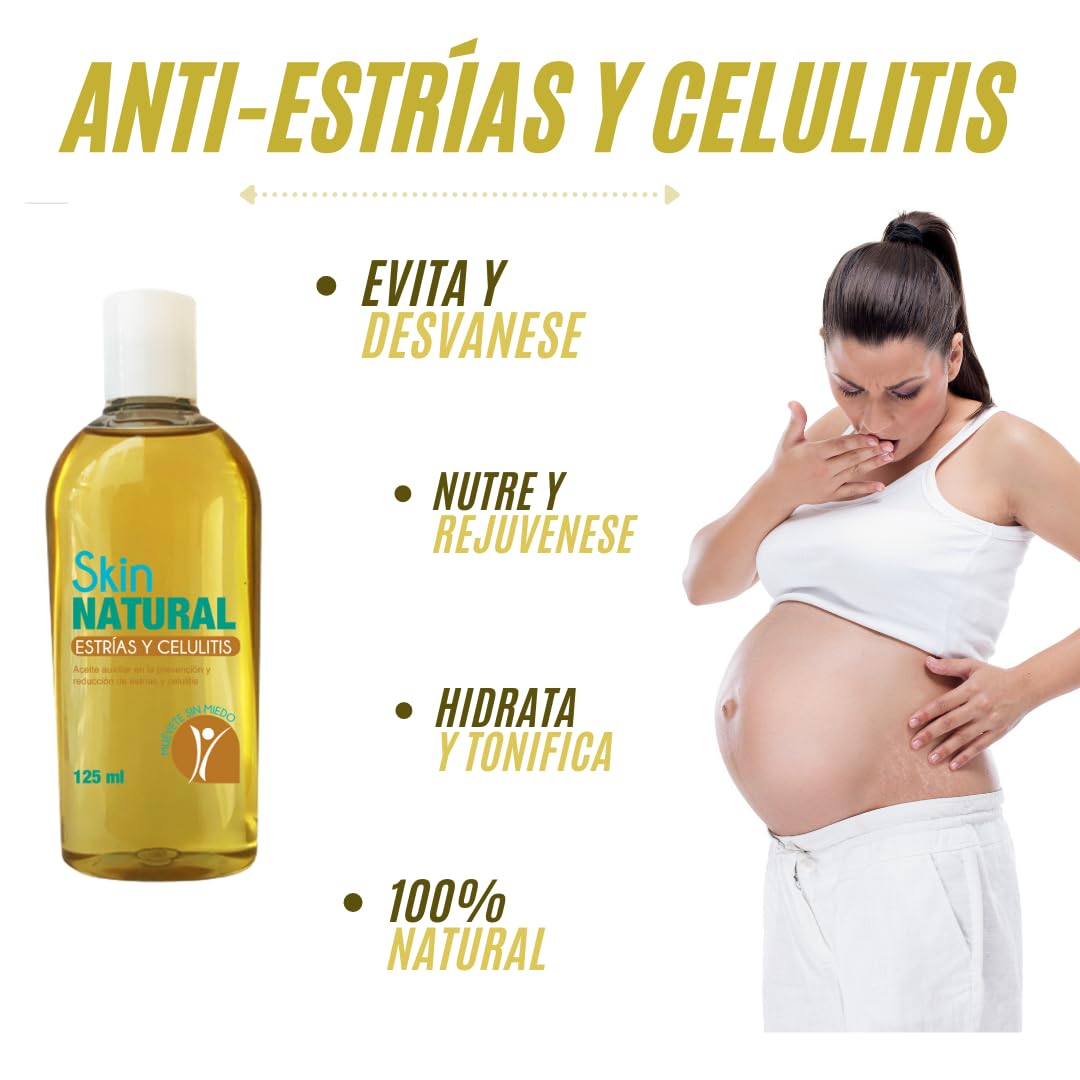 SKIN NATURAL - Aceite Corporal 250 ml - Previene, Atenua, y Disminuye, Estrías, Celulitis, Cicatrices, Imperfecciones e Impurezas - Oil 100% Natural, ideal para Embarazadas, Dietas, y Deportistas