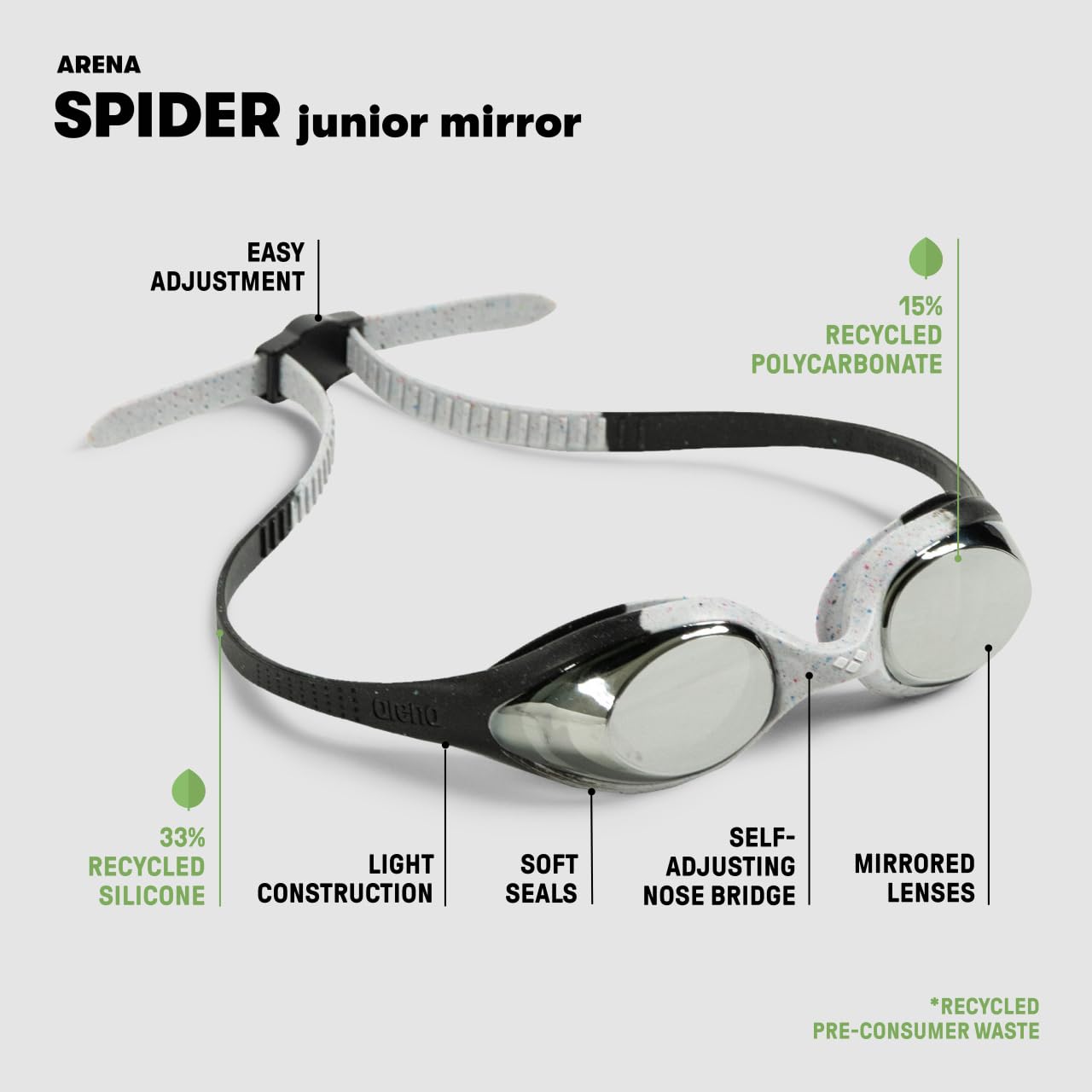 ARENA - anteojos de natación unisex para niñas y niños de 6 a 12 años, lentes de espejo antivaho, fáciles de ajustar, sin fugas, azul/gris/azul