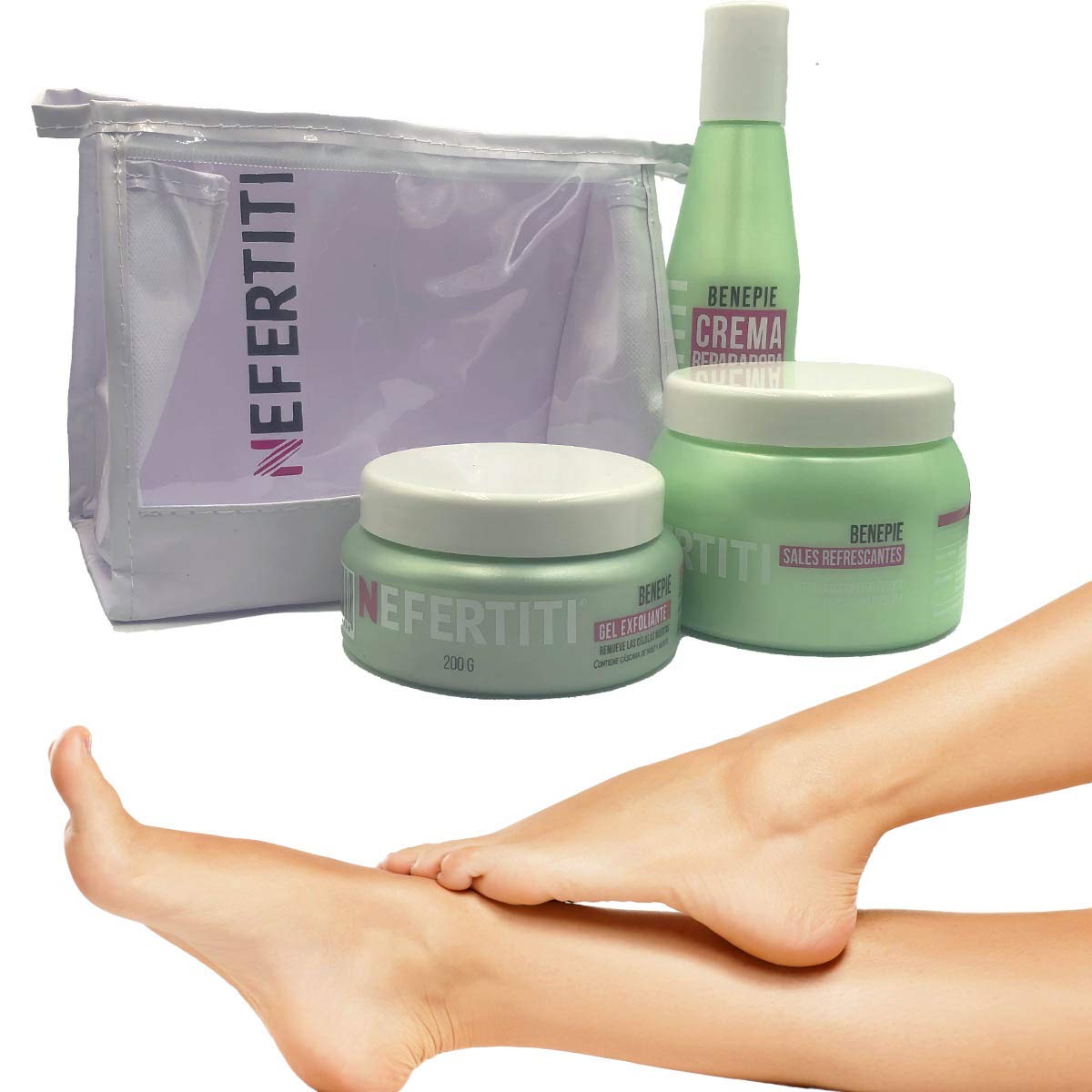 Kit spa profesional para pies - Benepie Nefertiti - Sales refrescantes efervescentes - Gel exfoliante para pies - Crema reparadora - kit con 3 pzas + cosmetiquera gratis