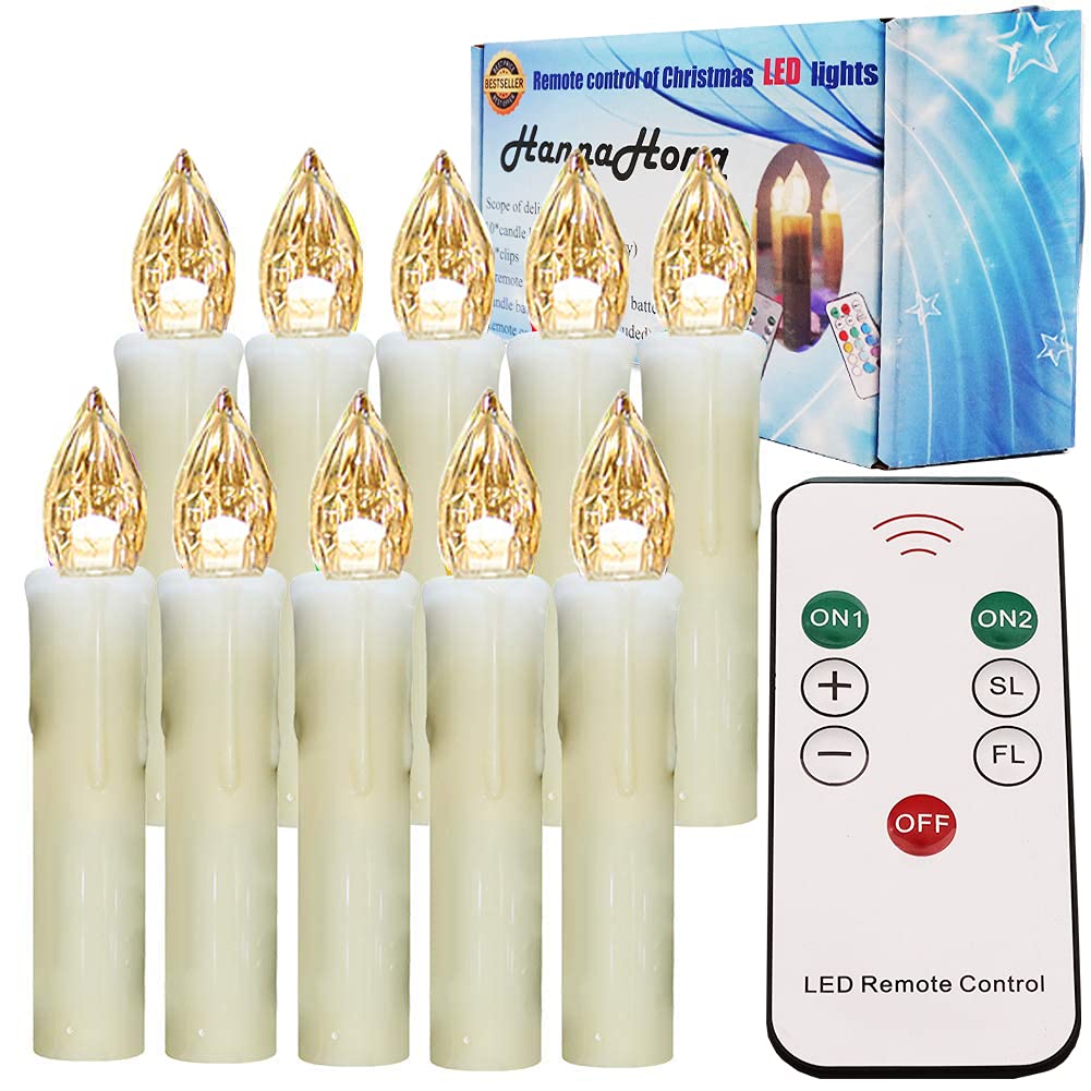 HANNAHONG - 10 velas LED sin llama con control remoto, mini cera falsa eléctrica, regulable, funciona con pilas, clips de ventanas para candelabro, corona, decoración de Navidad