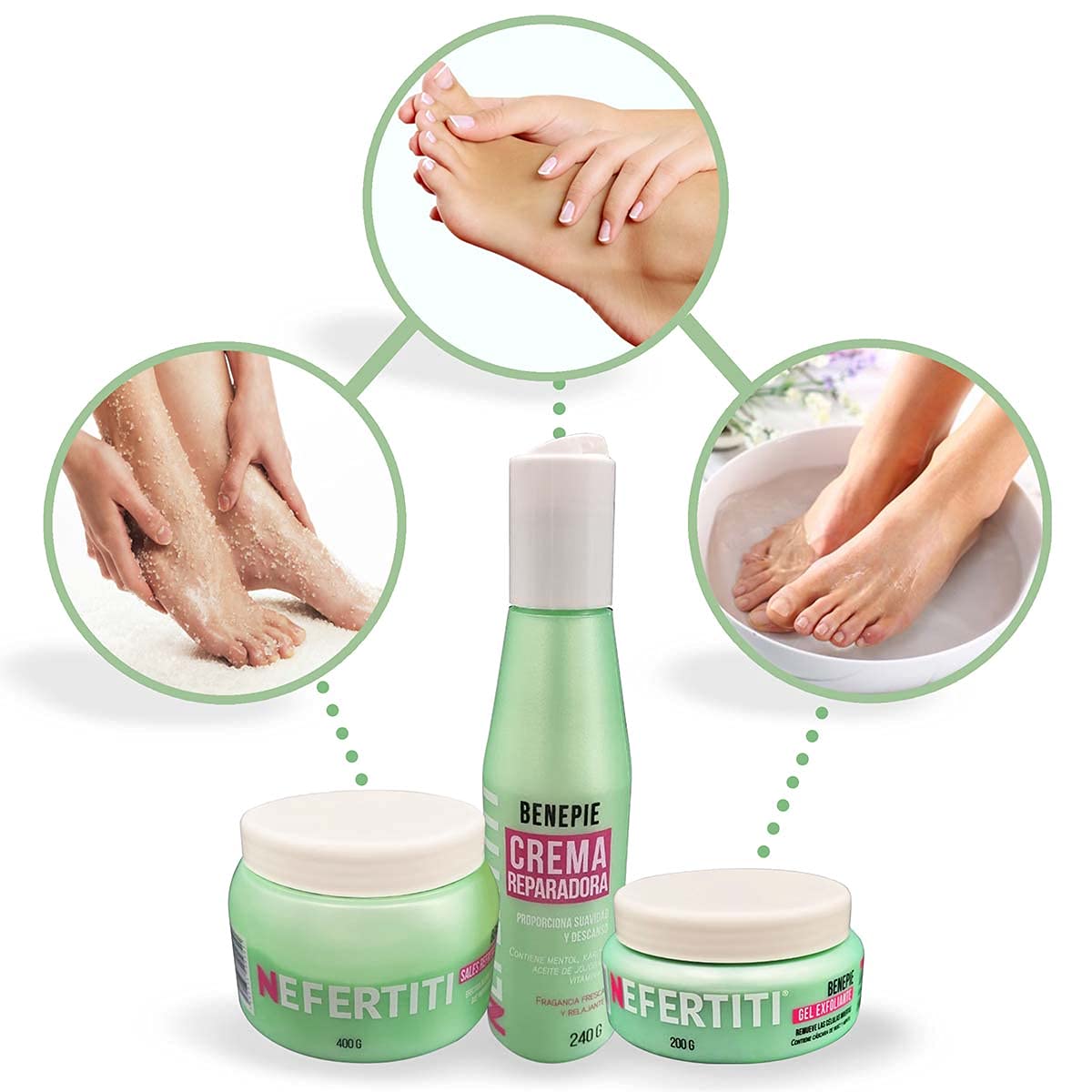 Kit spa profesional para pies - Benepie Nefertiti - Sales refrescantes efervescentes - Gel exfoliante para pies - Crema reparadora - kit con 3 pzas + cosmetiquera gratis
