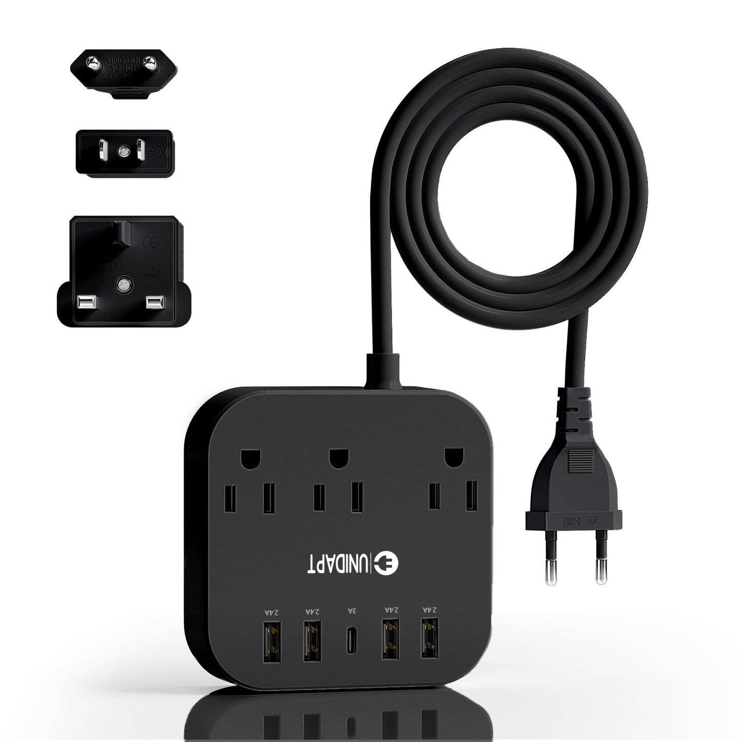 Adaptador de Enchufe Europeo Unidapt Negro con Regleta y Cable de Extensión de 5 Pies
