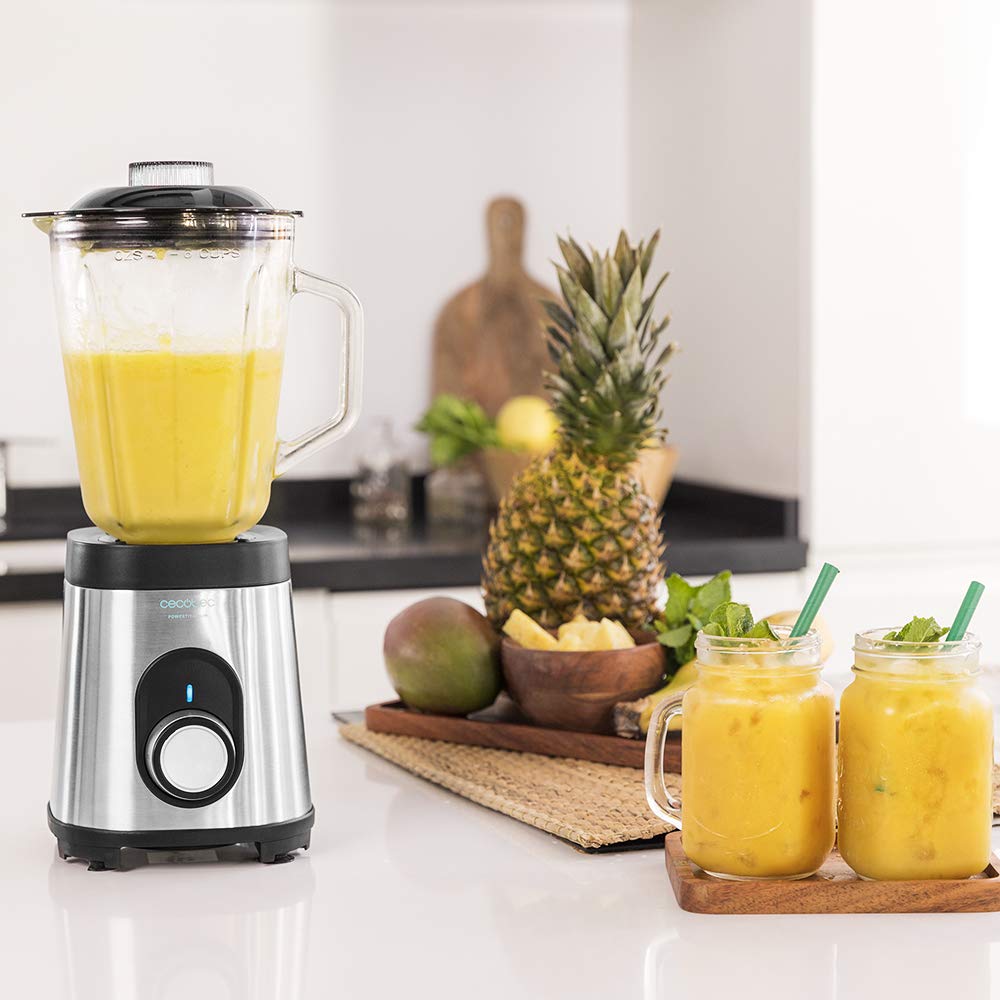 Cecotec Batidora de Vaso Power Black Titanium 1000 INOX. 1000 W, Cuerpo de Acero Inoxidable, Cuchilla de 6 Hojas con Recubrimiento de Titanio Negro, Jarra de Vidrio 1.5 L, 5 Velocidades