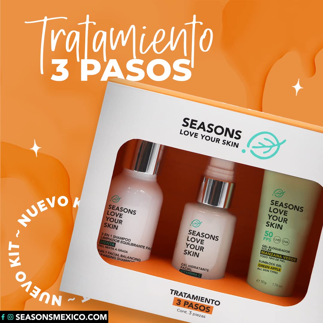 Kit Rutina Facial Skincare 3 Pasos Tratamiento Básico | Limpiador Facial Menta + Hidratante Vitamina C + Bloqueador Solar FPS50 Manzana