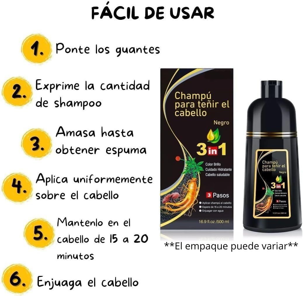 Shampoo Tinte Instantáneo Genérico Para Cabello Cubre Canas Natural Jengibre 500Ml - Champú Instantáneo Coloración Al Instante Con Hierbas Unisex, Sin Amoníaco, Para Hombre y Mujer (NEGRO, 500ML)