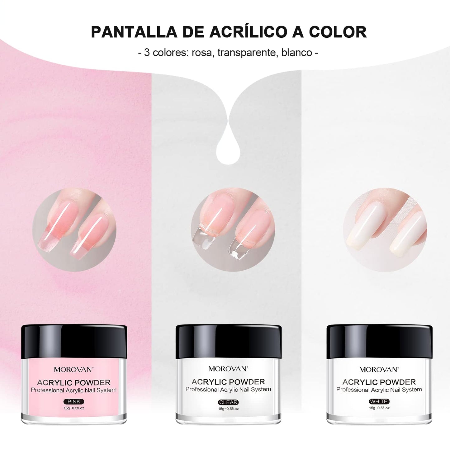 Morovan Polvo Acrílico para Uñas Kit (3 Colores) - Ideal para Principiantes
