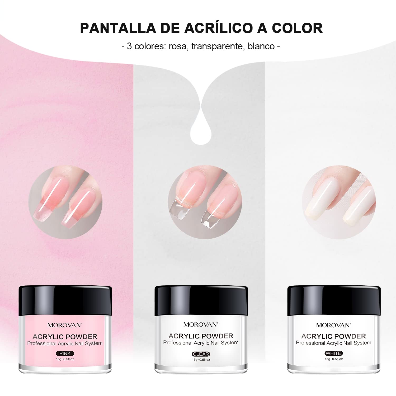 Morovan Polvo Acrílico para Uñas Kit (3 Colores) - Ideal para Principiantes