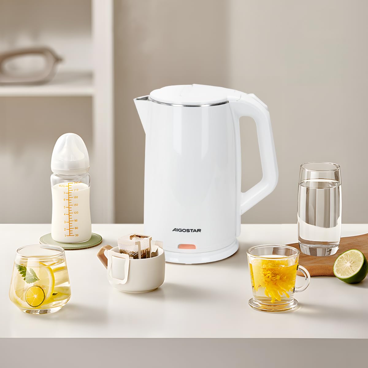 Aigostar Hervidor, Tetera Eléctrica de 1.7 Litros, Doble Pared de Acero Inoxidable, Apagado Automático, 1200w, Base Removible, Blanco (blanco)
