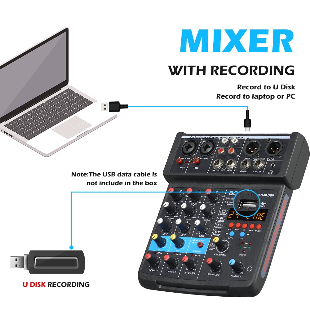 BOMGE - Mini mezclador de sonido para DJ de 4 canales con MP3, USB, Bluetooth, grabación estéreo, alimentación fantasma de 48 V, 24 DSP para karaoke, actuación, canto de iglesia, transmisión de podcas