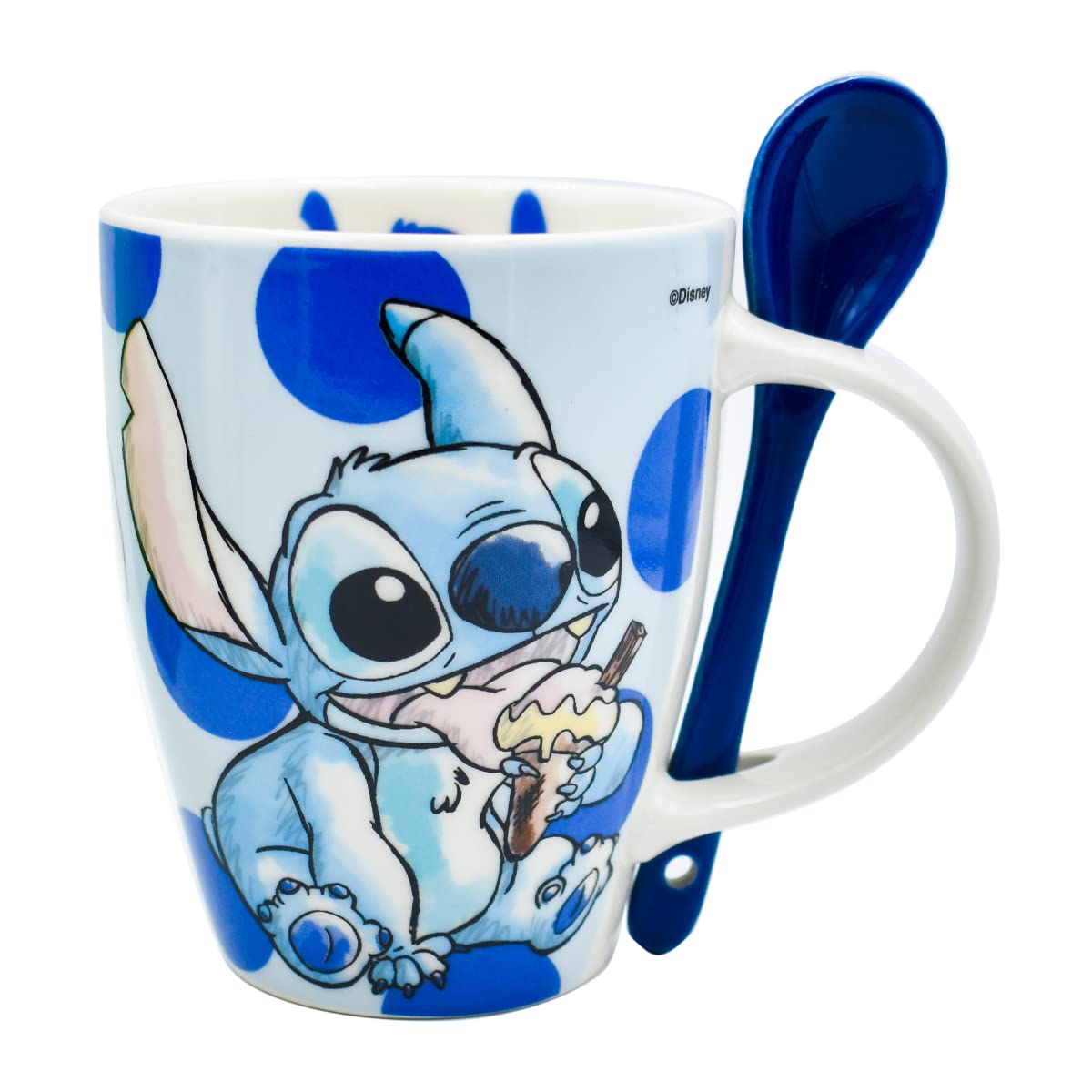 Fun Kids 1738-252 Set de Tazas para Pareja, Taza para Café, Té o Infusiones de Cerámica, Tarro Disney con Diseño Original Stitch y Angel con Cuchara y Caja de Regalo de 410 mililitros, Color Azul y Rosa