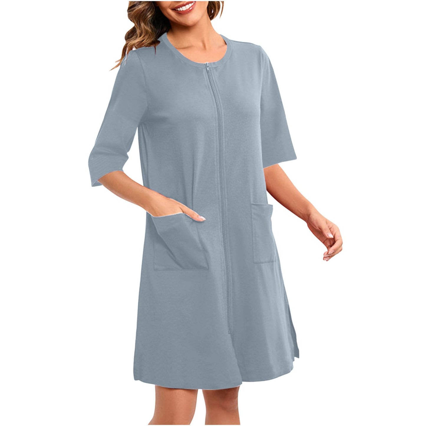 Batas de casa para mujer, batas ligeras con cremallera frontal, manga 3/4, bata de casa, ropa de estar suave, camisón con bolsillos Gray X-Large