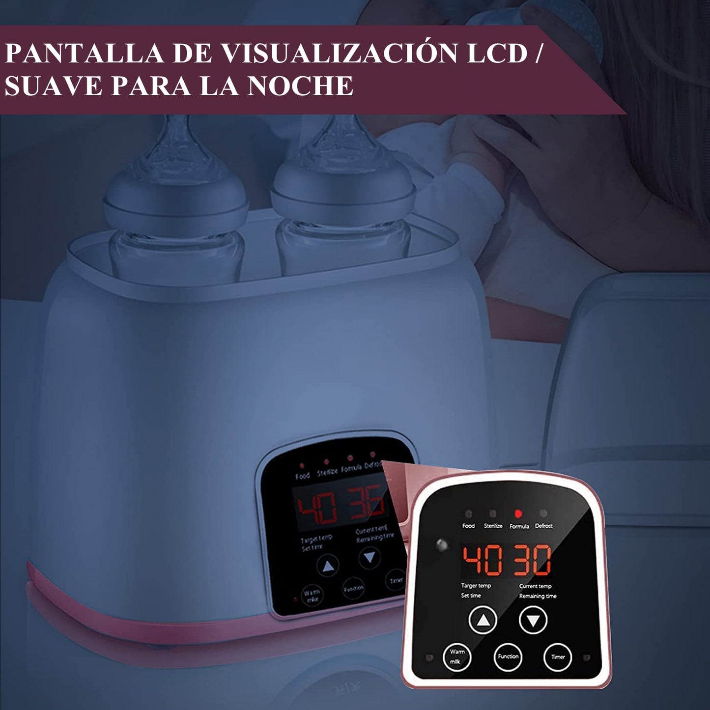 Calienta Biberones para Bebé, 5 in 1 Esterilizador de Botella de Botellas Dobles, Inteligente Control Táctil Calienta Biberones Control Preciso de Temperatura para Leche Materna o Fórmula