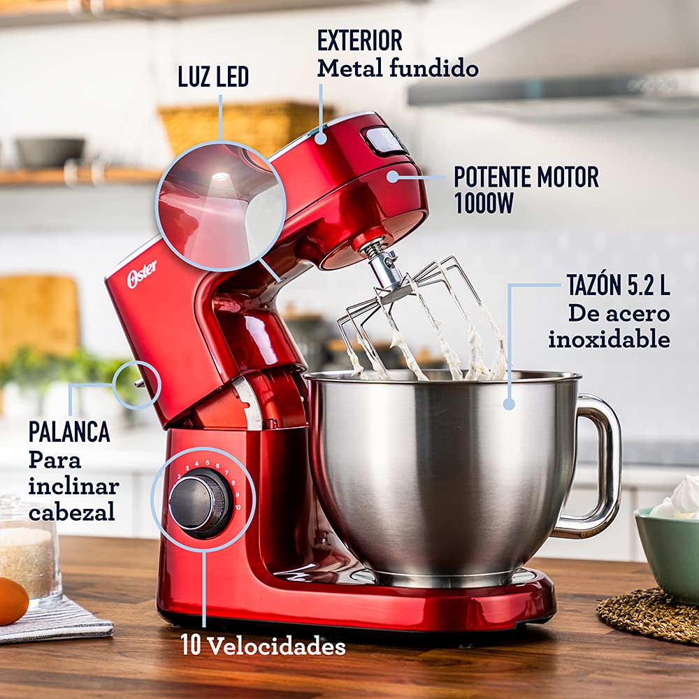Batidora Planetaria Oster Roja con 10 Velocidades y Tazón de 5.2 Litros