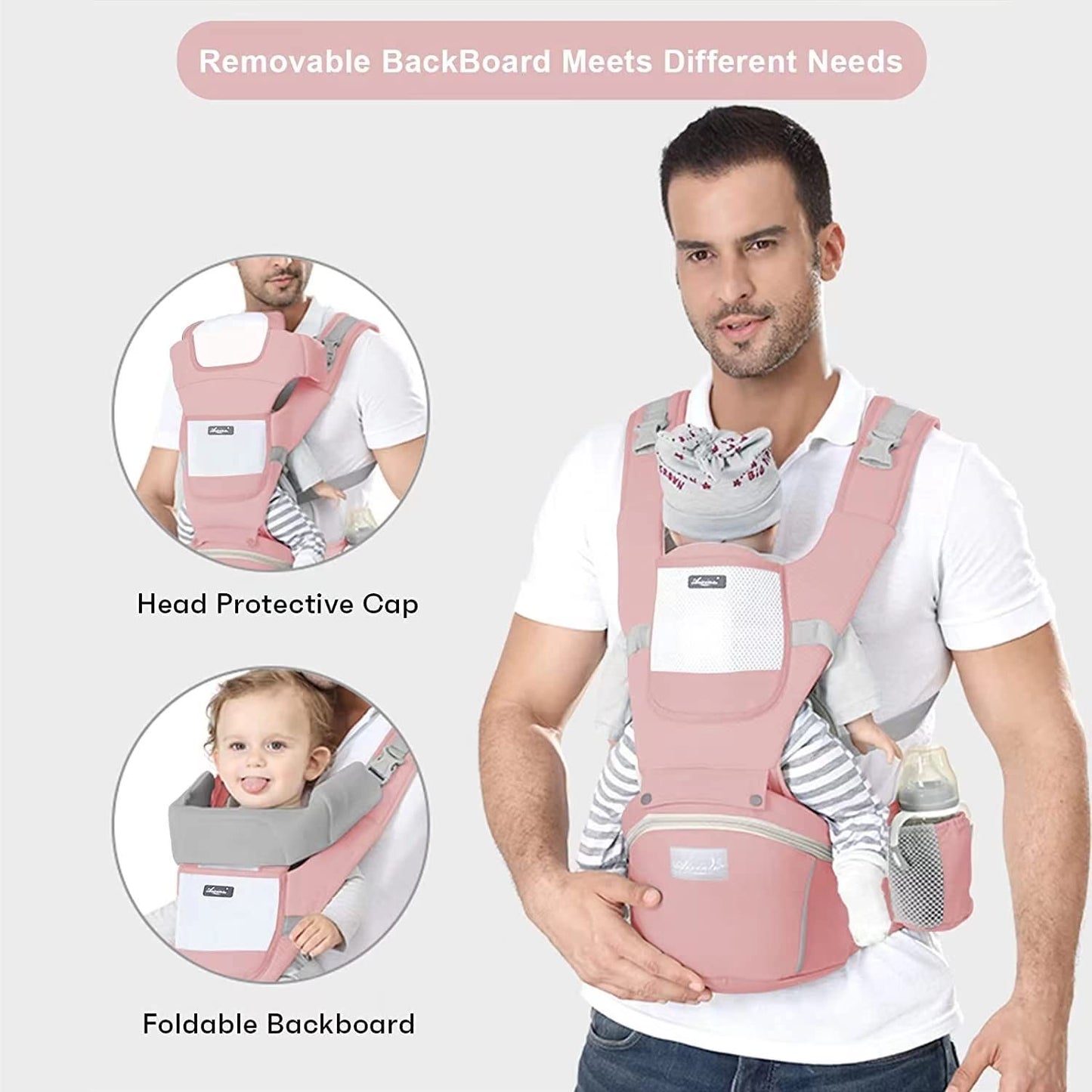 Mochila Portabebé Algodón Puro Ligera y Transpirable Gris con Asiento de Cadera Ajustable para Niños de 0 a 36 Meses