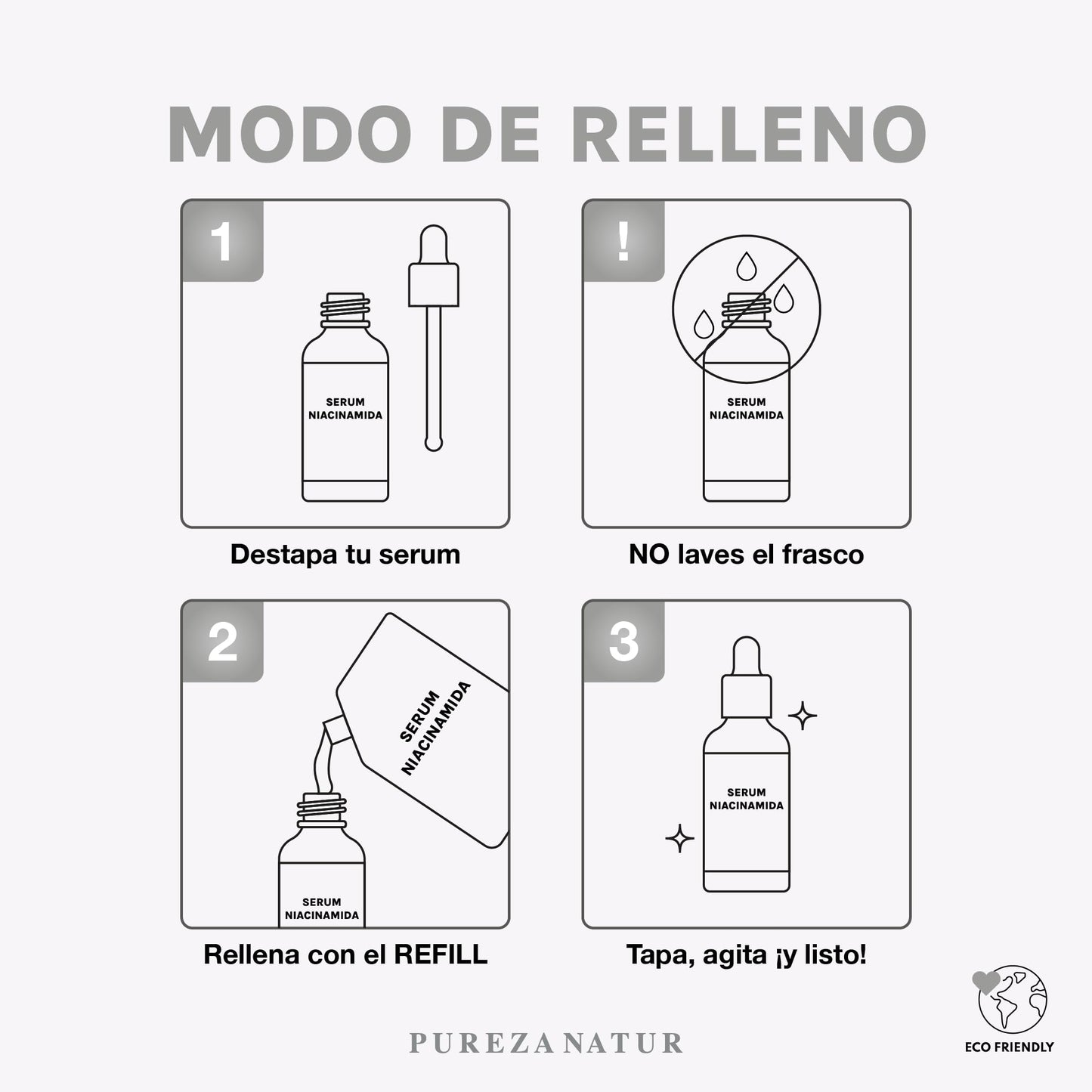 PUREZA NATUR Suero facial Niacinamida B3, Vitamina E y Acido hialurónico 50ml | Serum Niacinamide para todos tipos de piel skin barrier hidratante, antioxidante potente reductor de ojeras y líneas de expresión (Refill 125ml)