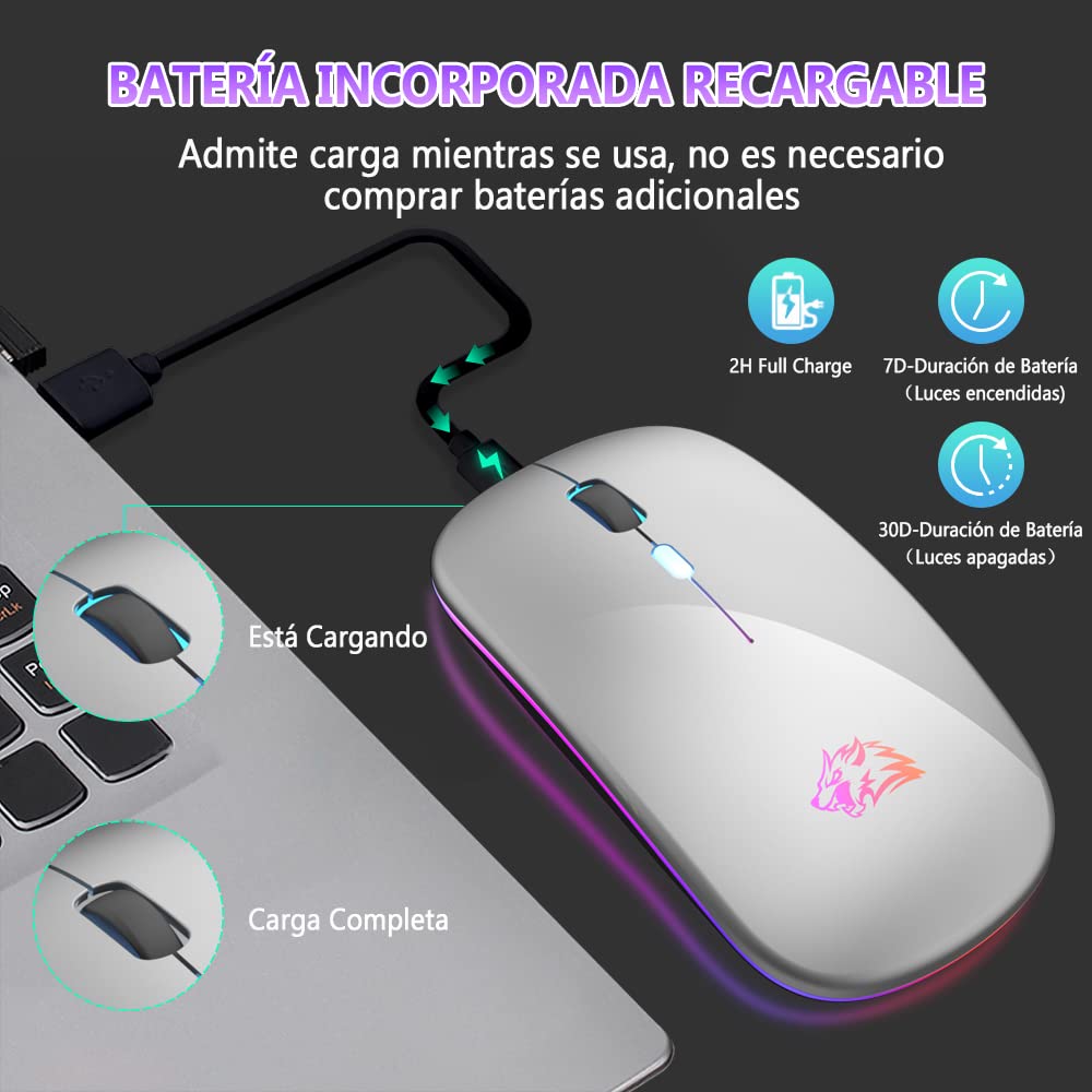 Free wolf X15 Mouse Inalámbrico, Mouse Bluetooth y 2.4GHz Modos Dual Recargable y Ergonómico, Click Silencioso con Receptor USB 3 Ajustable dpi Ratón para Computadora, Portátil, PC, Mac (Plata)