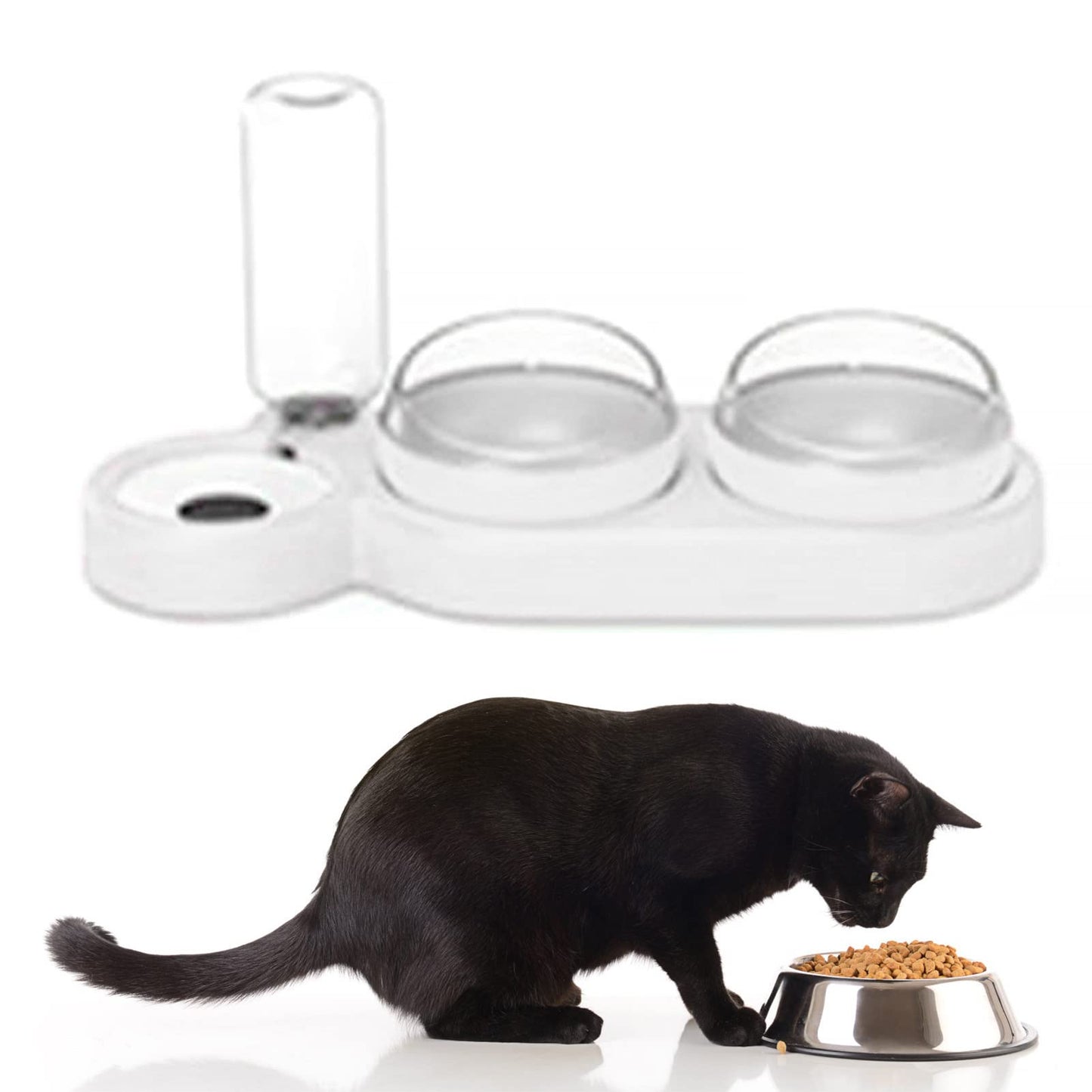 AMONIDA Plato Triple para Mascotas, Diseño Inclinable, Juego de Tazones de Agua para Mascotas, Protección de la Columna Cervical, Inodoro con Botella de Agua, Gato y Perro (Blanco)