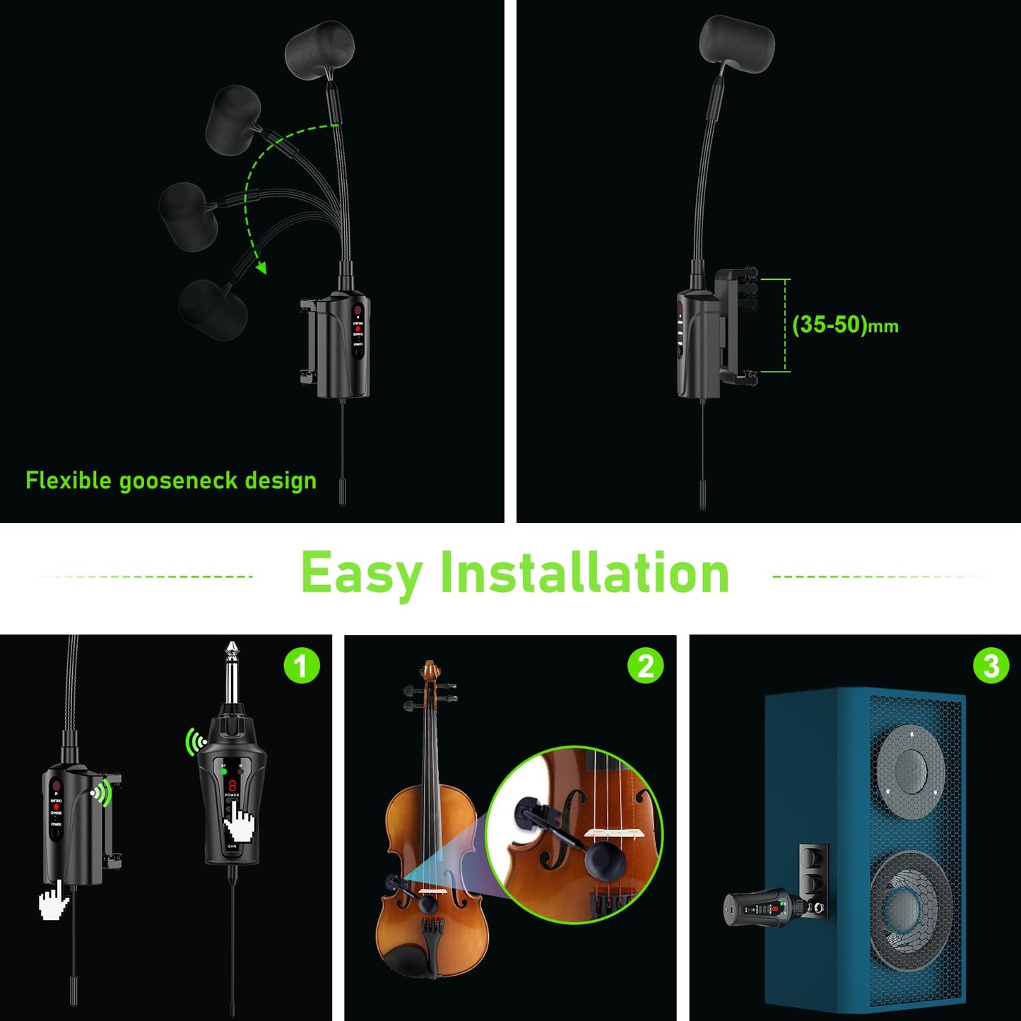 ACEMIC UHF Micrófono inalámbrico para violín Recoge el Instrumento de Cuello de Cisne Micrófono de Clip Transmisor y Receptor para Altavoces Activos, Sistemas de megafonía Activos, VT-5