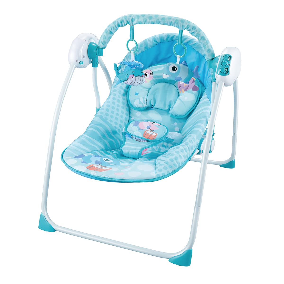 Silla Mecedora Eléctrica Raganet Azul con Control Remoto y Mosquitero para Bebés