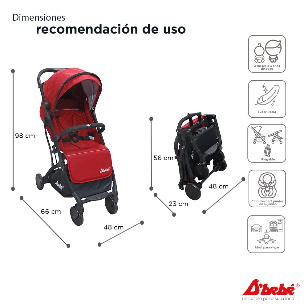 D´BEBÉ - Carriola Wing - Carriola ultra-ligera con plegado Super Compacto - Manubrio con Cierra Facil - Para Bebés de 3 Meses de Edad hasta 3 años - Color Rojo
