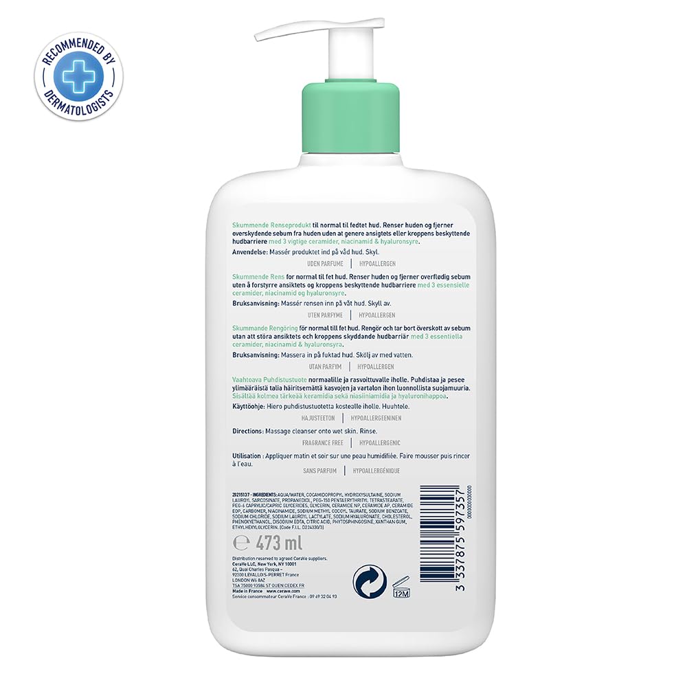 CeraVe Gel Limpiador Espumoso Diario para Piel Mixta, Grasa o con Acné 473ml