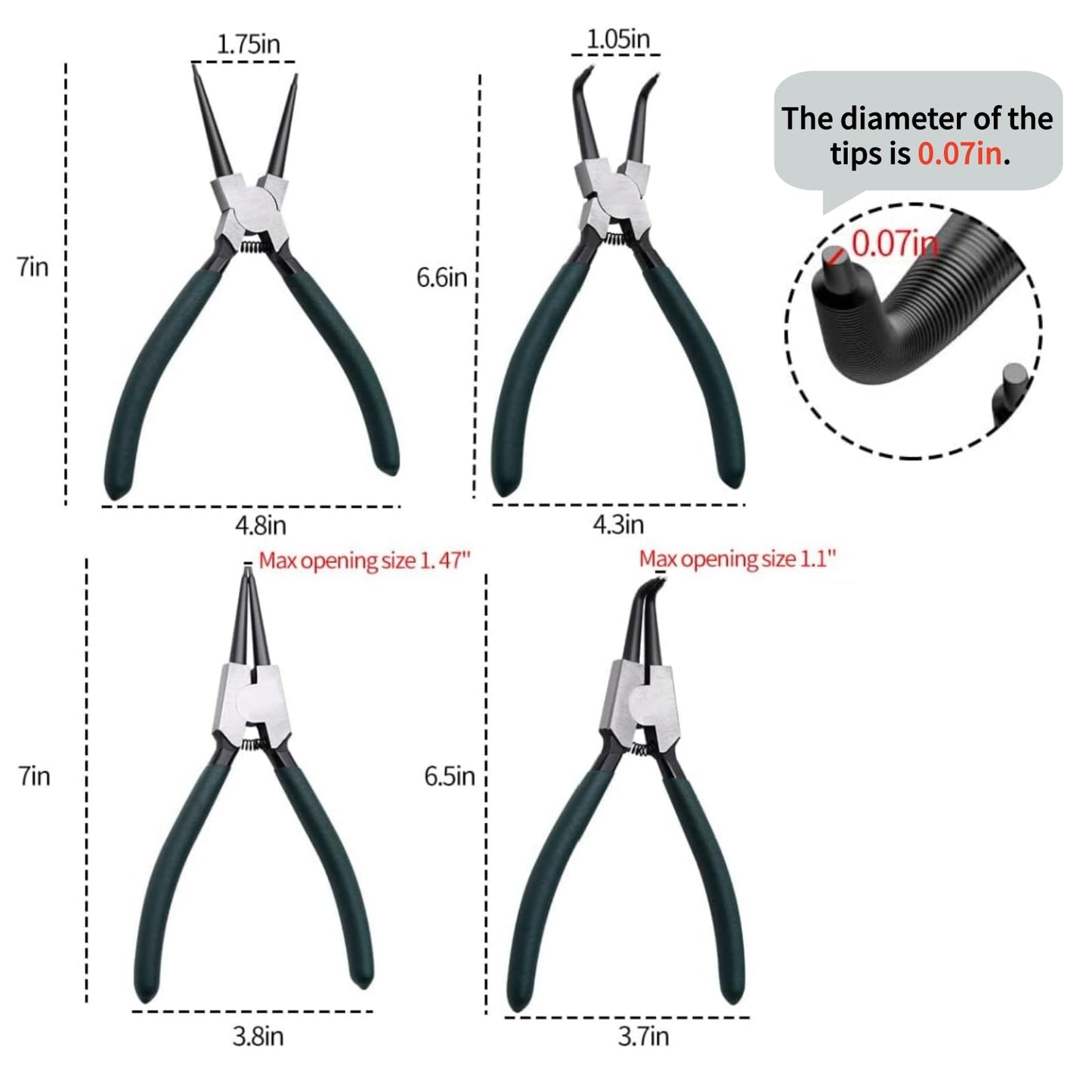 Juego de alicates de anillo a presión, 4 piezas de 7 ", juego de alicates para anillos de seguridad internos externos con mandíbula recta doblada, alicates de precisión con resorte de alta resistencia