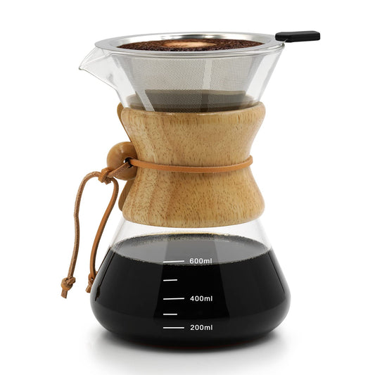 600ML Cafetera De Vidrio Reutilizable,Juego De Cafetera Pour Over Con Filtro De Acero Inoxidable 304, Cafetera De Goteo Manual, Para Cafetería Bar Hogar Oficina Camping