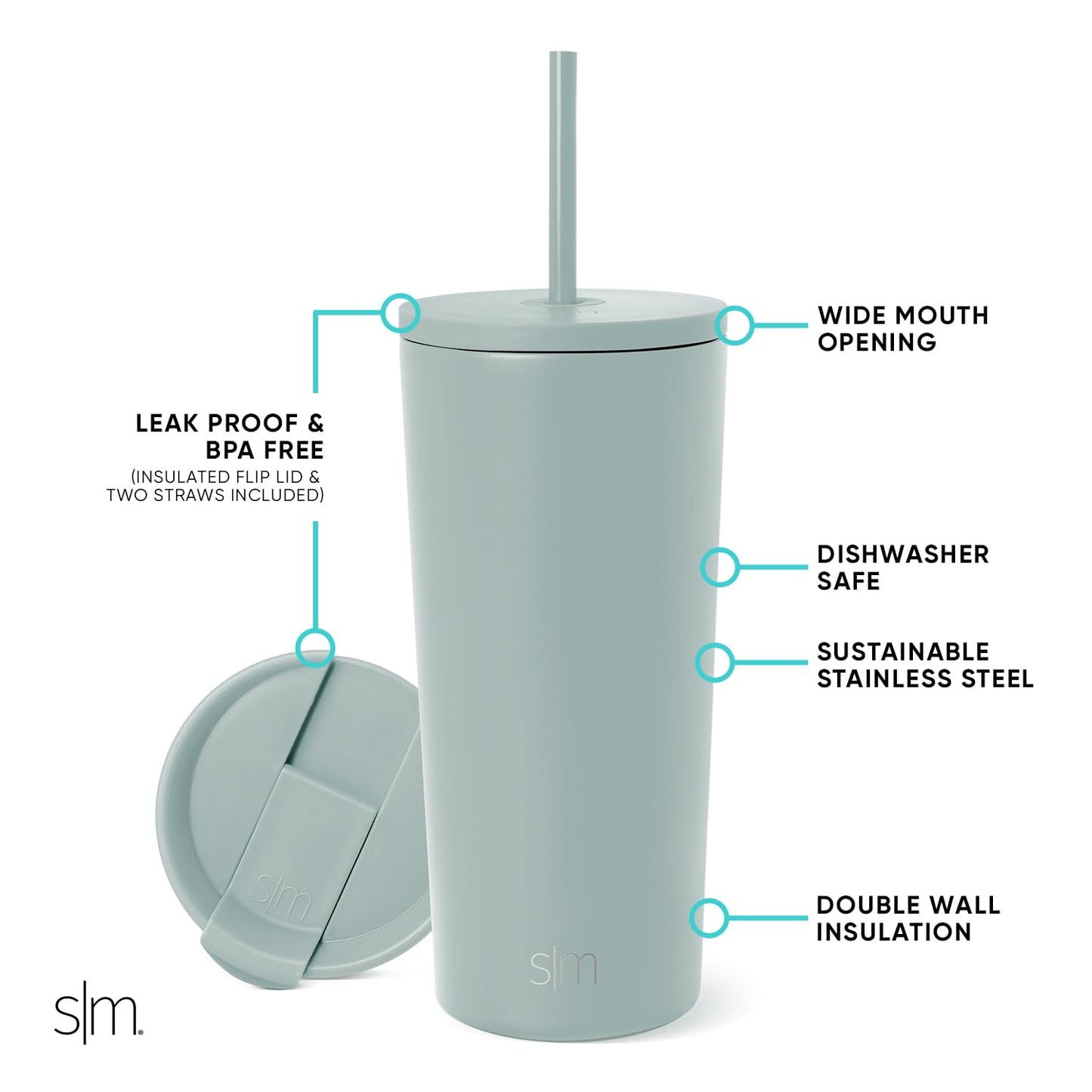 Vaso Aislado Simple Modern Sea Glass Sage Classic Colección de 590ml con Tapa y Pajita para Mujer y Hombre