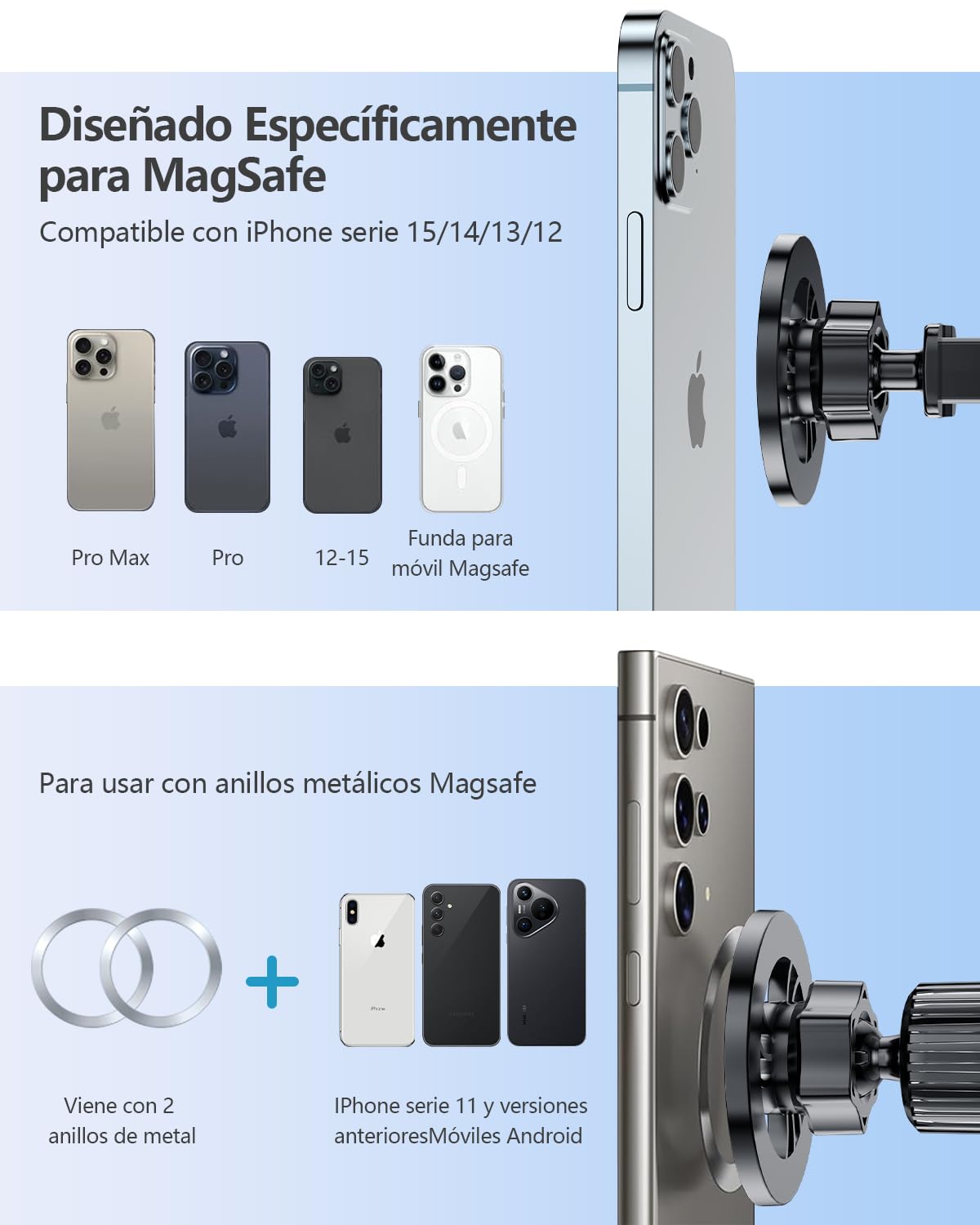 BYASKZIV Soporte para Celular Automovil 3 en 1, Magnético Porta Celular para Auto con Gancho y Ventosa para Rejilla o Parabrisas, para iPhone 15/14/13 Pro MAX, Huawei, Motorola, Xiaomi 14 Ultra