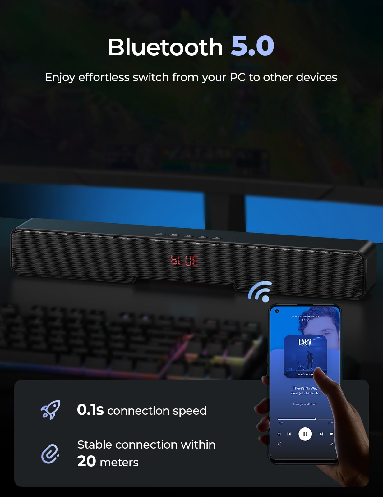 KOOSODIO Barra de sonido pequeña para TV y PC | HDMI/Opt/RCA/coaxial (cable incluido) | Conectividad AUX/USB y Bluetooth 5.0 | Altavoz compacto para TV/PC/Laptop/Tablets/Proyector | 4 modos EQ - Negro